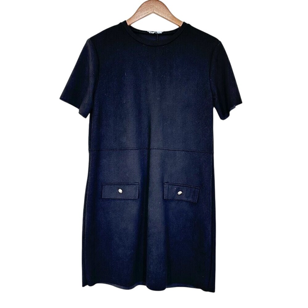 Zara Black Minimalist Shift Dress Pockets Polished Preppy Size Medium‎ Classic